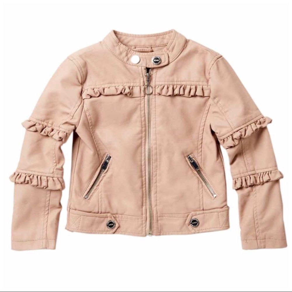 NWT Girls Faux Leather Ruffle Detail Long Sleeved Zip Front Lined Jacket Size 4